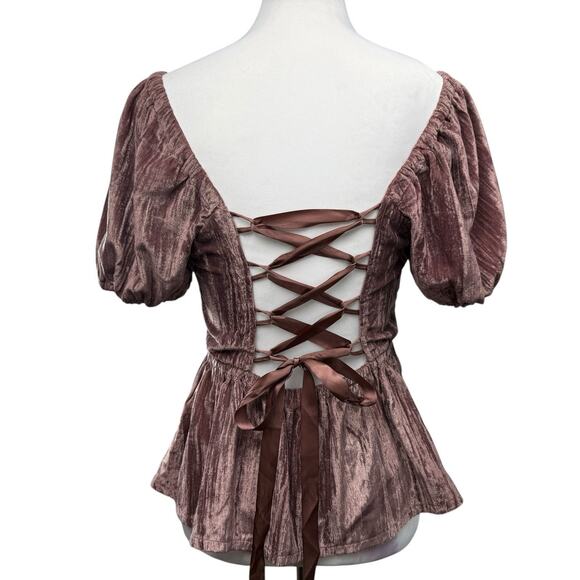Romantic Peplum Velvet Fitted Top Puff Sleeve Plum Size XS Sweetheart Neck Fairy - Picture 4 of 7